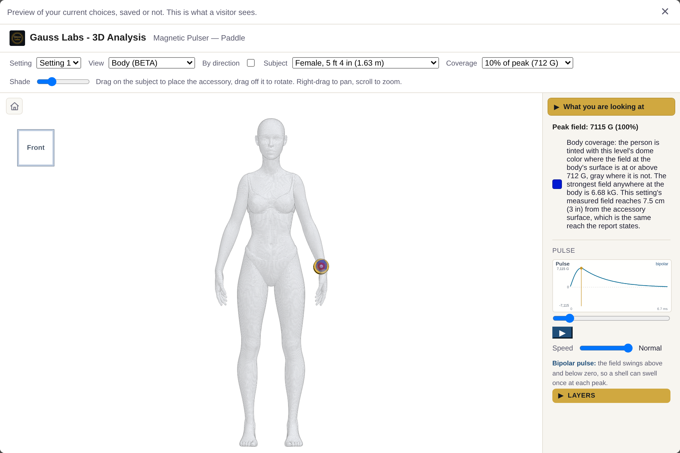 The portal preview overlay. A heading reads Preview of your current choices, saved or not, this is what a visitor sees, above the embedded viewer showing the Paddle at the wrist of a female figure with the pulse parked at its peak.