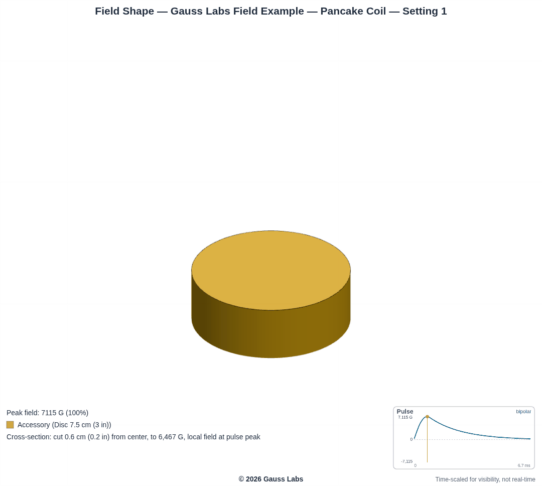 Pancake coil example: a cross-section sweep through the measured field, colored by strength, hottest near the surface and cooling as the field fades outward.